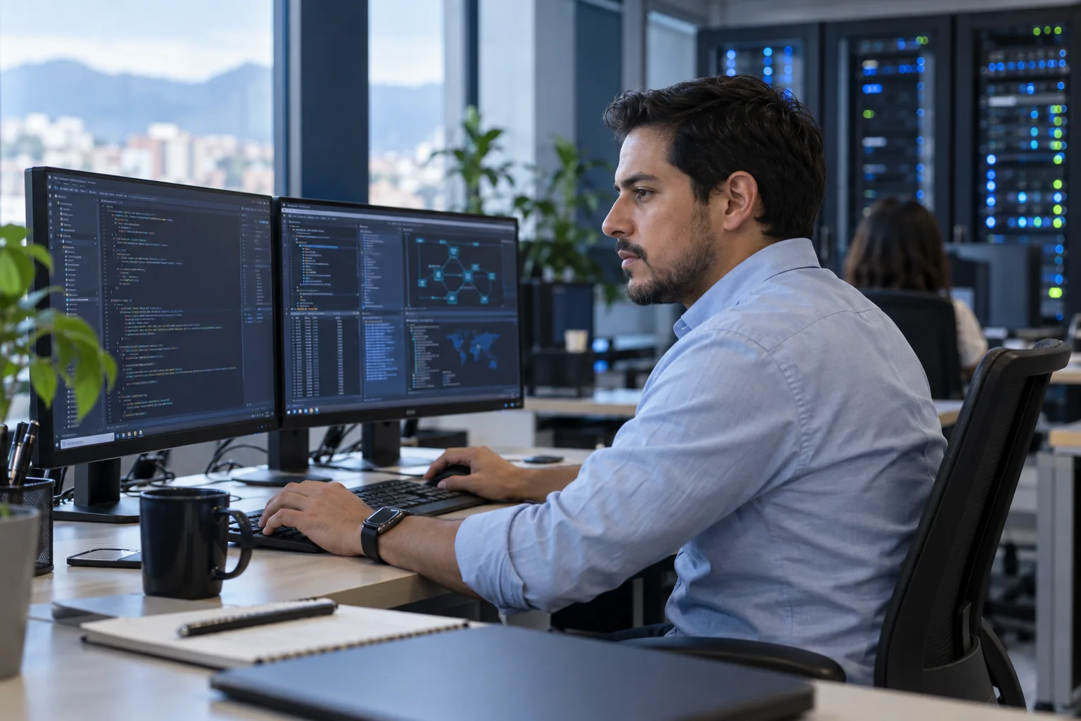 Profesional revisando código y sistemas informáticos
